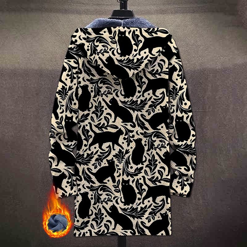Vintage Black Cat And Floral Pattern Print Unisex Plush Thick Long-sleeved Fleece Jacket Coat - image 3