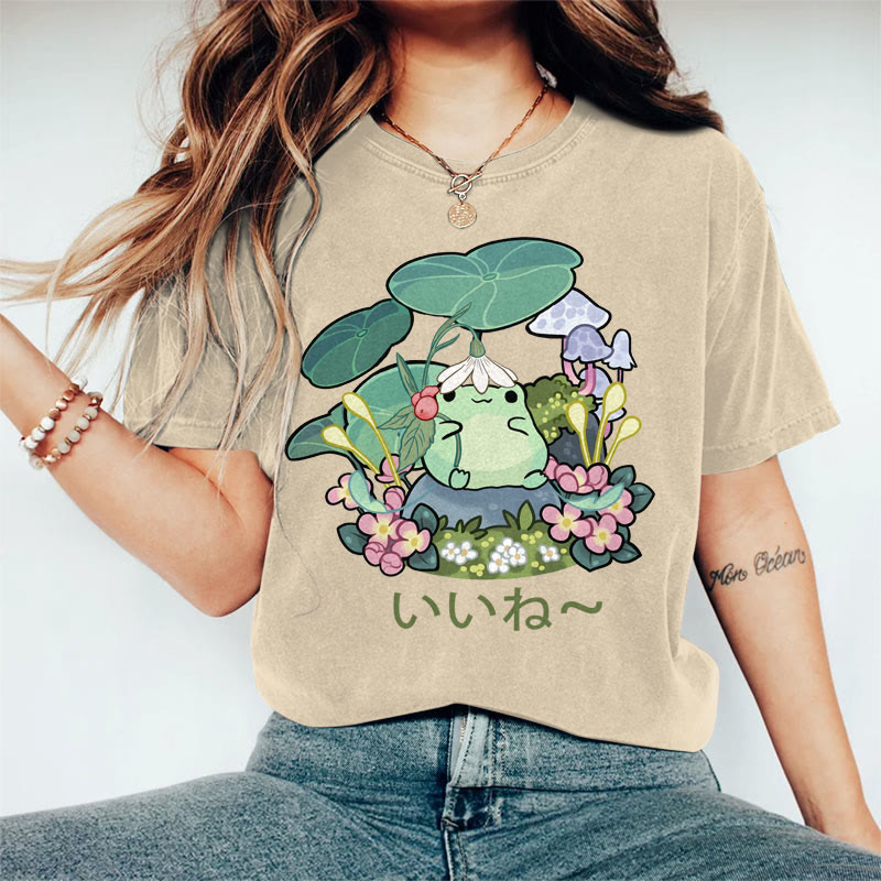 100% Cotton Women's  Japanese Lotus Leaf & Cute Frog Art Print Casual T-shirt - Khaki - 2XL - image 5