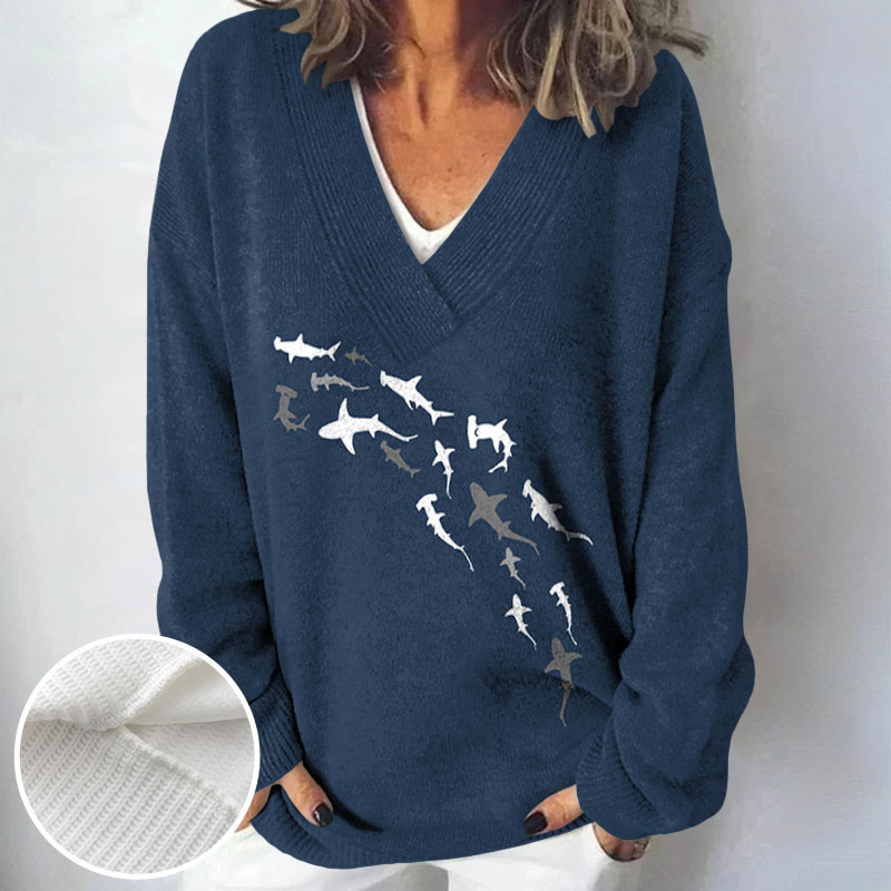 Shark Print Causal V-neck Pullover Sweater - image 5
