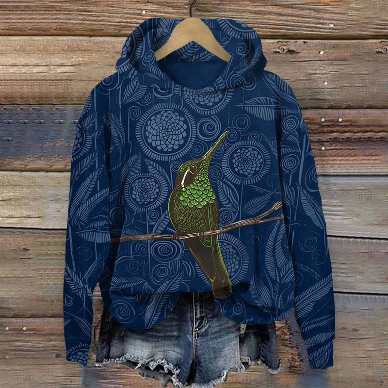 Vintage Geometric Flowers And Birds Pattern Print Long Sleeved Hoodie - Blue - US44-46(8XL) - image 4