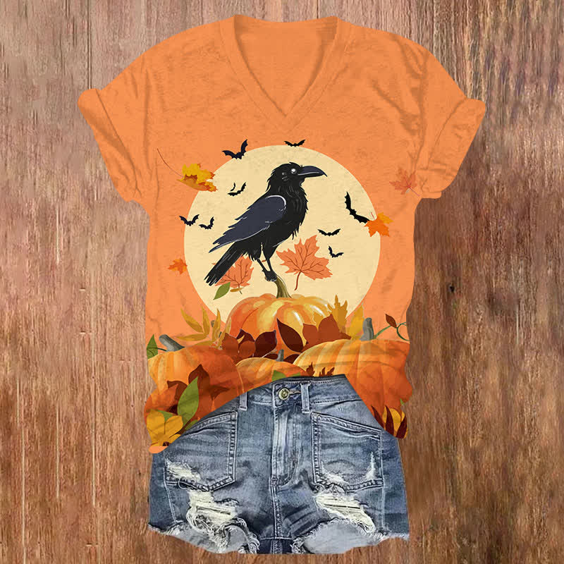 Halloween Crow Standing On Pumpkin Bush & Maple Leaves Print V-neck T-shirt - Orange - US32-34(5XL) - image 3