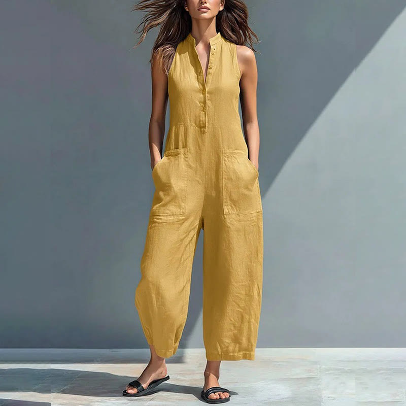 Women's Casual V-neck Sleeveless Jumpsuit With Pockets - Yellow - 2XL - image 4
