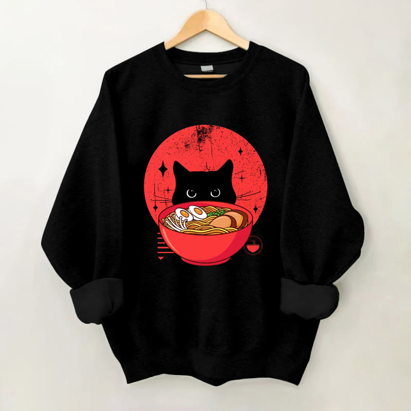 100% Cotton Japanese Cute Cat And Ramen Print Crew Neck Sweatshirt - Black - 2XL - image 3