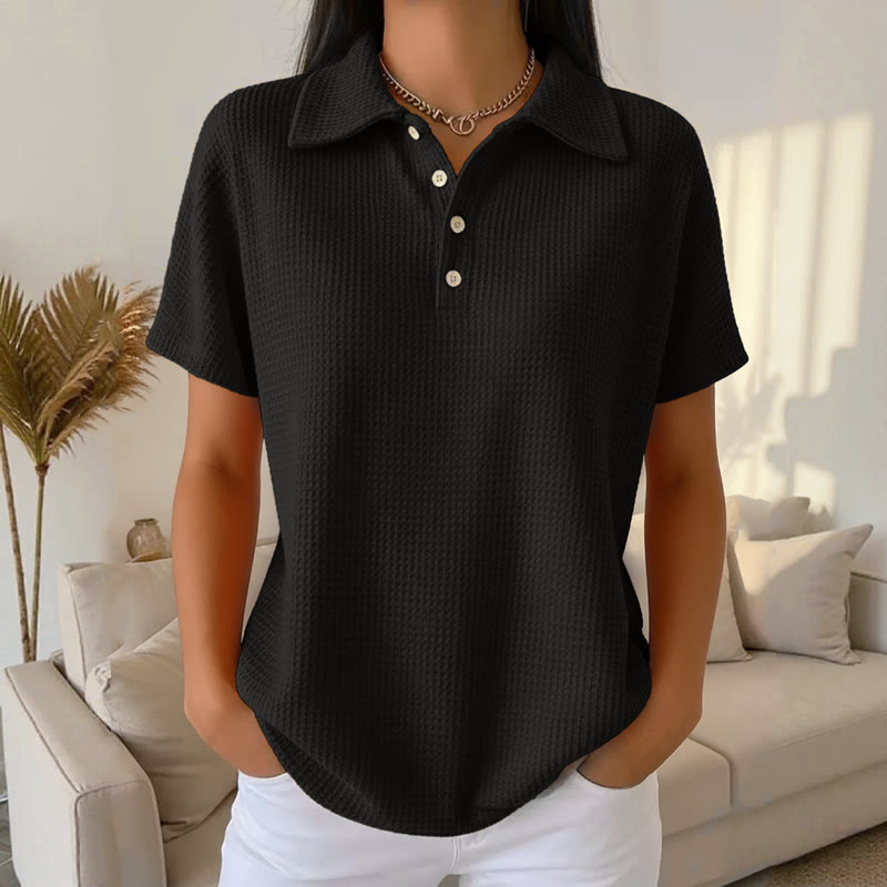 Cozy Waffle Texture Lapel Button Short-sleeve Polo T-shirt - Black - US32-34(5XL) - image 4