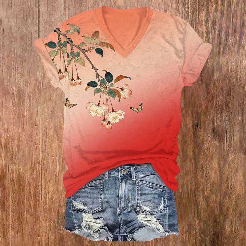 Japanese Vintage Ombre Peach Blossom Art Print V-neck T-shirt - Red - US32-34(5XL) - image 3