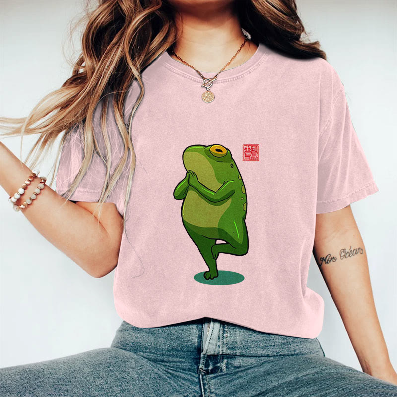100% Cotton Funny Frog Yoga Art Print Casual T-shirt - Pink - 2XL - image 7