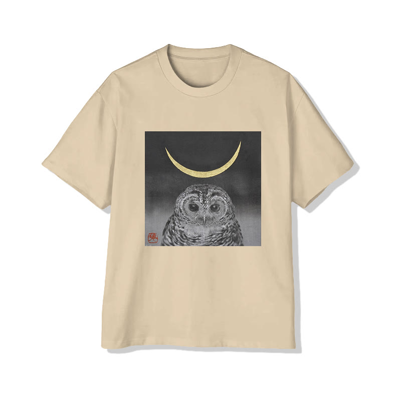Unisex Owl And Crescent Moon Art  Print Short Sleeved Crew Neck T-Shirt - Apricot - 2XL - image 3