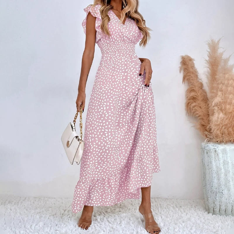 Elegant Polka Print Dots Ruffle Sleeves V-neck Maxi Dress - Light Purple - 3XL - image 4
