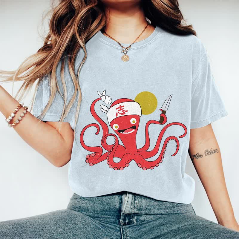 100% Cotton Japanese Funny Octopus Chef Art T-shirt - Light Blue - 2XL - image 4