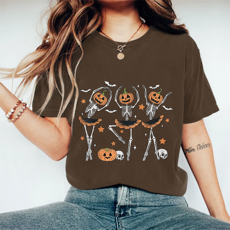 100% Cotton Women's Halloween Creative Dancing Pumpkin Skeleton Art Print Casual T-shirt - Coffee - 2XL - image 6