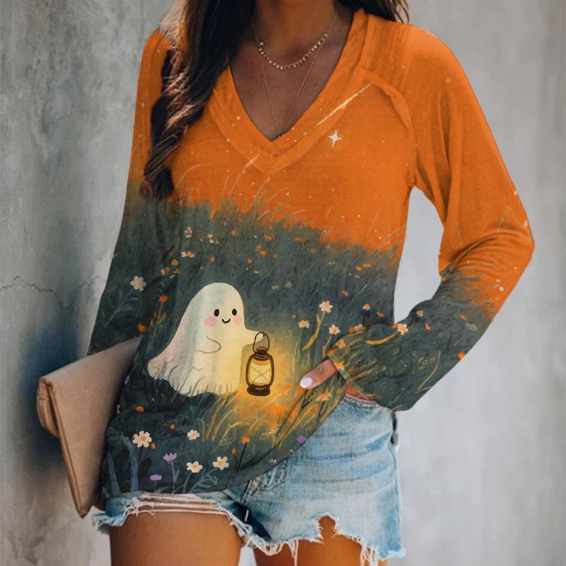 Halloween Lovely Ghost Holding Kerosene Lamp Art Print Long Sleeve T-shirt - Orange - 5XL - image 4