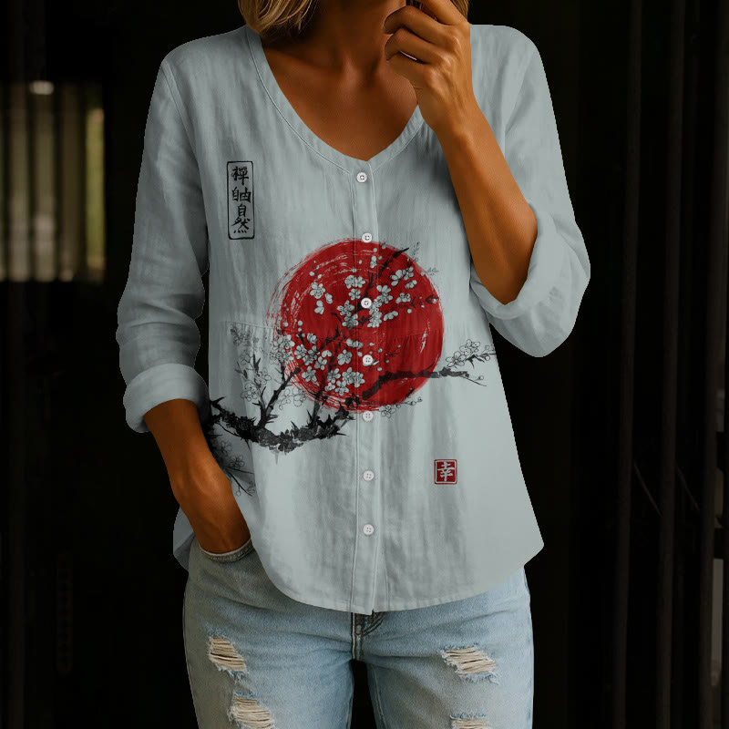 Women's Sunrise Japanese Art Print Button V-neck A-line Long Sleeve Blouse - Grey - 4XL - image 3