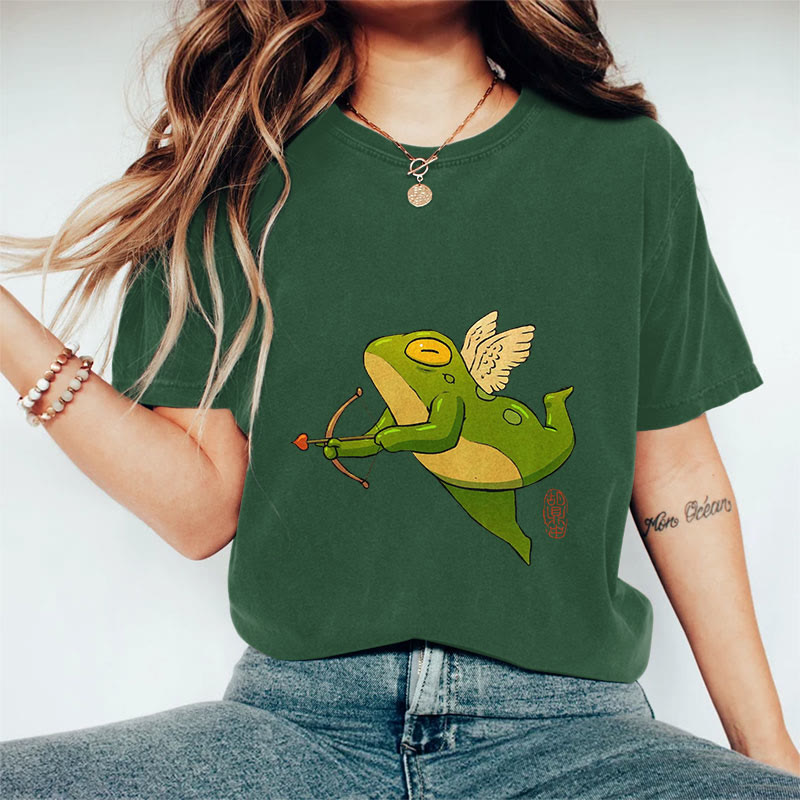 100% Cotton Funny Frog Cupid Art Print Casual T-shirt - Green - 2XL - image 6