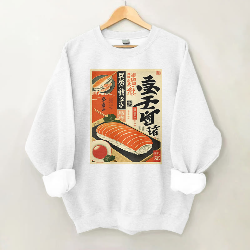 100% Cotton Retro Sushi Advertisement Print Round Neck Casual Fleece Sweatshirt - White - 2XL - image 3