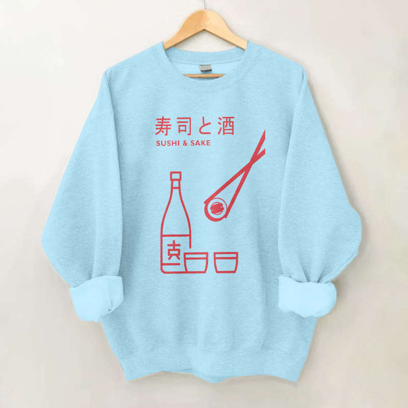 100% Cotton Sushi And Sake Pattern Print Round Neck Casual Fleece Sweatshirt - Blue - 2XL - image 4