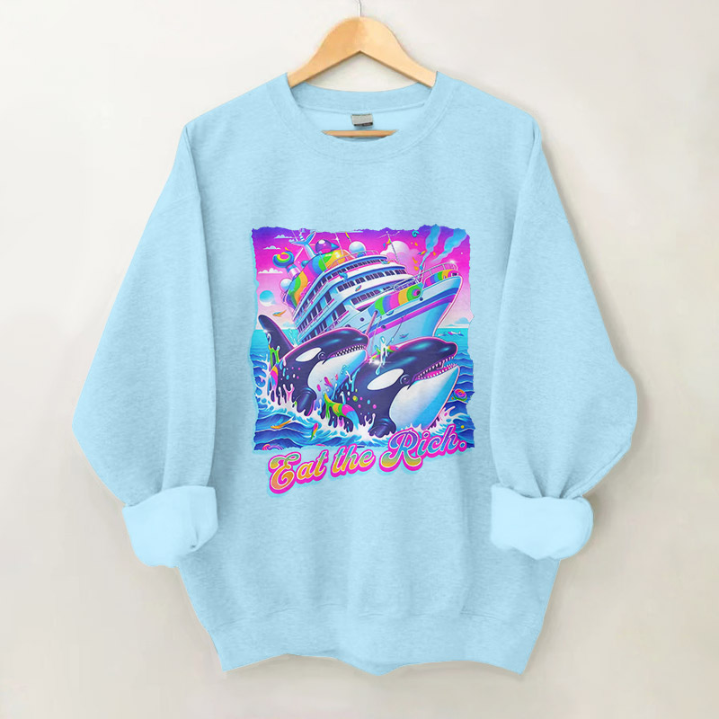 100% Cotton Eat The Rich Whale Print Crew Neck Sweatshirt - Blue - 2XL - image 2
