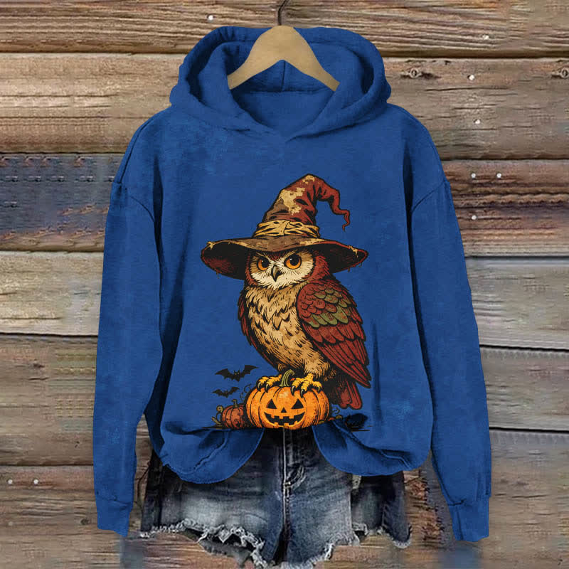 Halloween Wizard Owl Standing On A Pumpkin Print Long Sleeve Hoodie - Blue - US44-46(8XL) - image 3