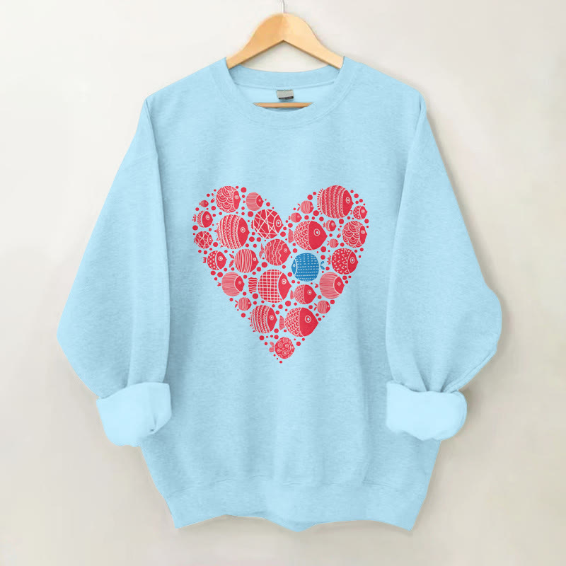 100% Cotton Valentine Fish Hearts Print Crew Neck Sweatshirt - Blue - 2XL - image 3