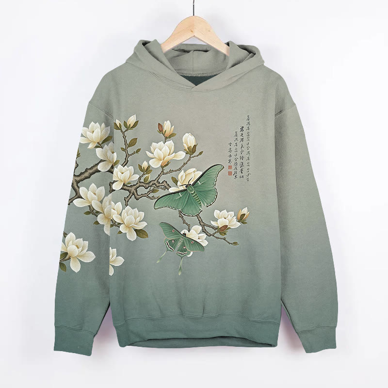Vintage White Magnolia Flower & Butterfly Art Print Long Sleeve Hoodie - Green - US44-46(8XL) - image 3