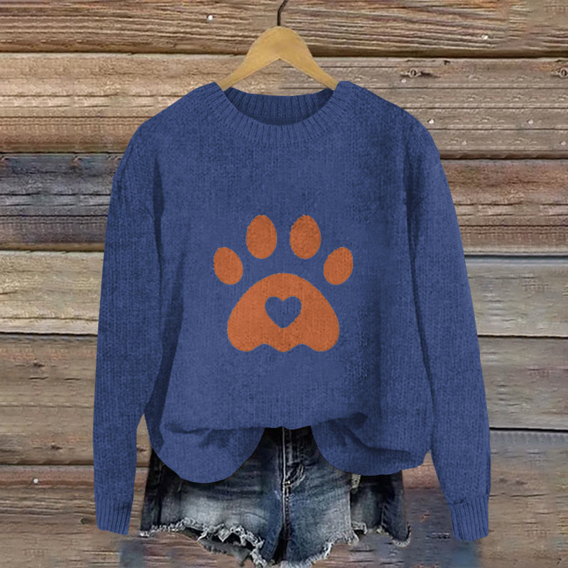 Cute Heart Cat Paw Print Crew Neck Casual Sweater