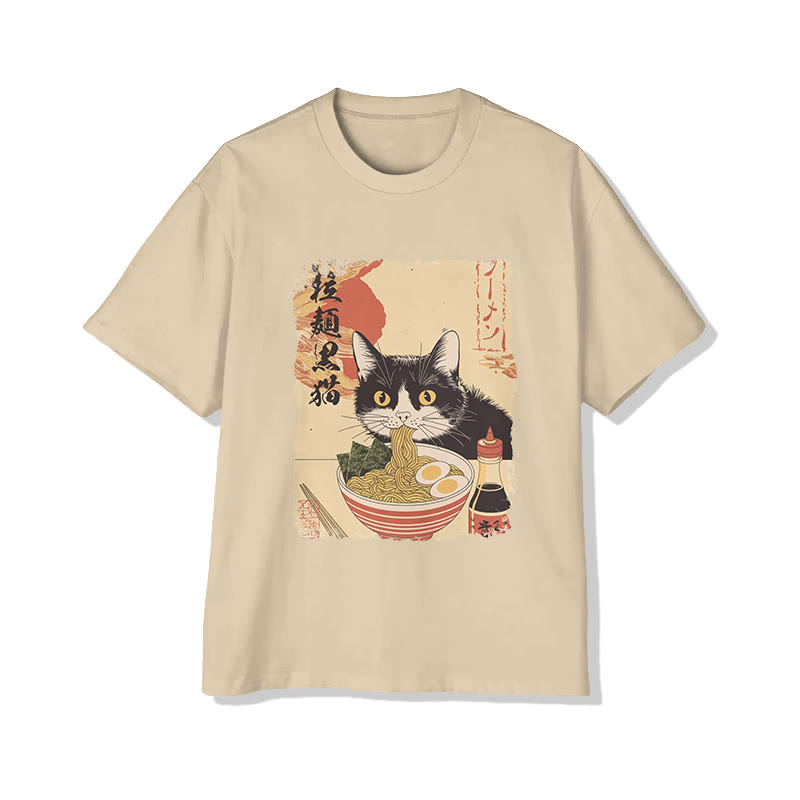 Unisex Japanese Cat Eating Ramen Print Short Sleeved Crew Neck T-shirt - Apricot - 2XL - image 3