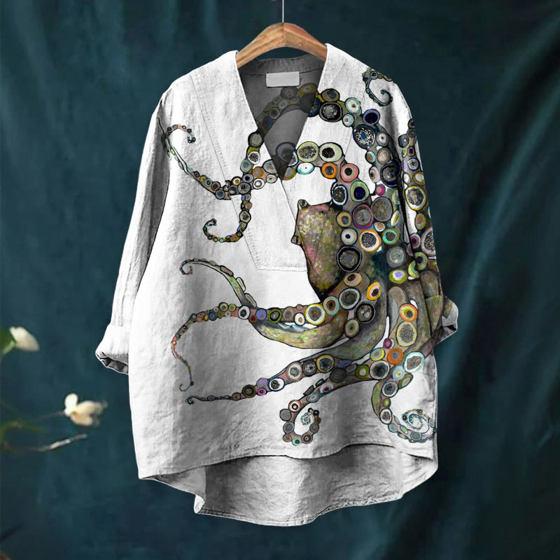 Colorful Octopus Oil Painting Print Casual V-neck Blouse - image 9