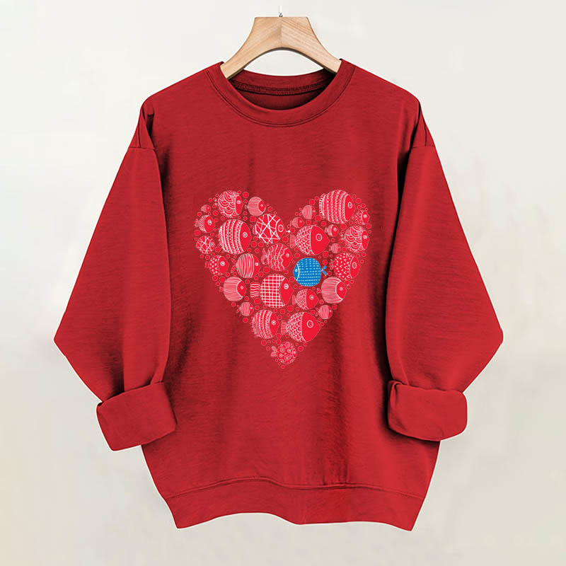 100% Cotton Valentine Fish Hearts Print Crew Neck Sweatshirt - Red - 2XL - image 2