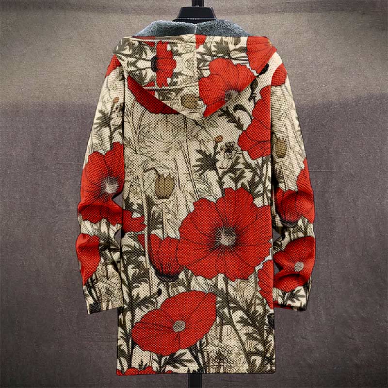 Retro Large Red Poppies Art Print Unisex Plush Thick Long-sleeved Fleece Jacket Coat - image 4