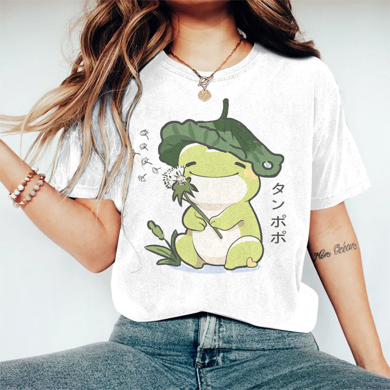 100% Cotton Women's Japanese Happy Frog Holding Dandelion Art Print Casual T-shirt - White - 2XL - image 2
