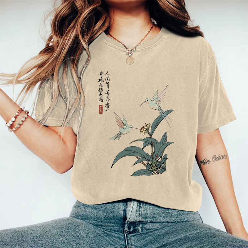 100% Cotton Women's Ancient Poetry & Larks Floral Art Print Casual T-Shirt - Khaki - 2XL - image 4