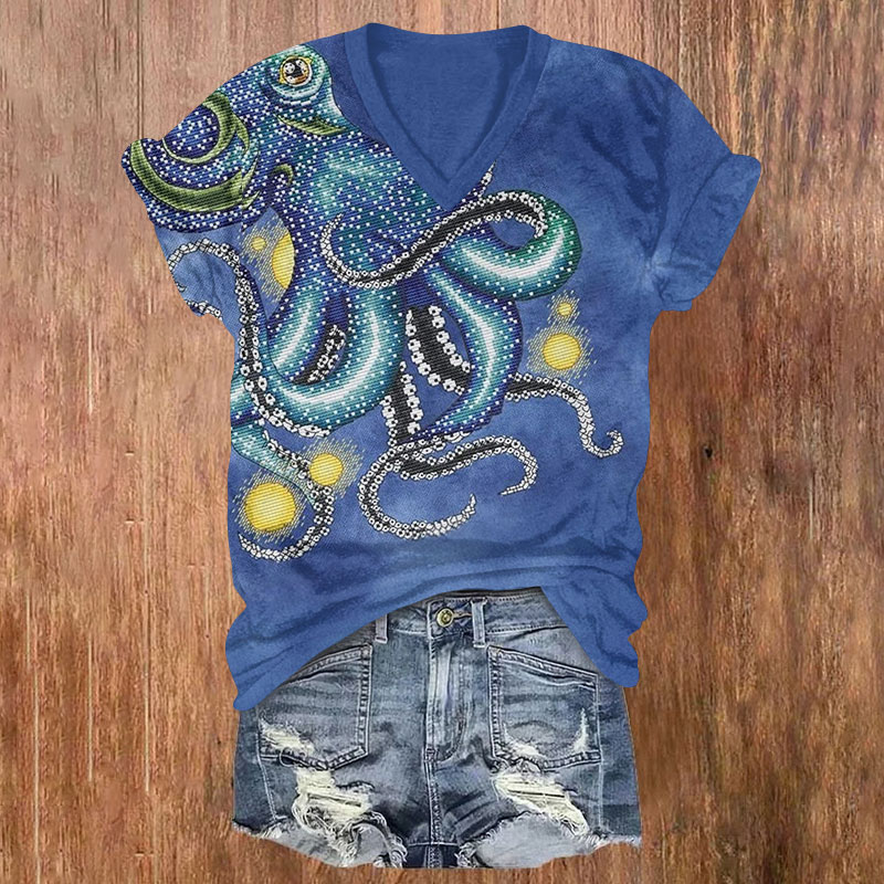 Vintage Shimmering Octopus Pattern Print V-neck T-shirt - Blue - US32-34(5XL) - image 2