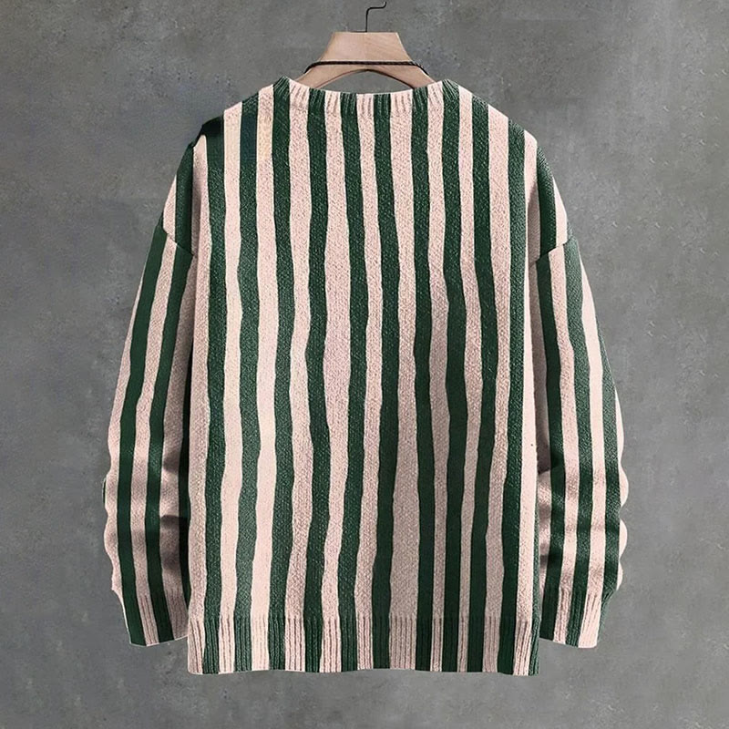 Pink-green Striped Sardines Print Causal V-neck Pullover Sweater - image 2
