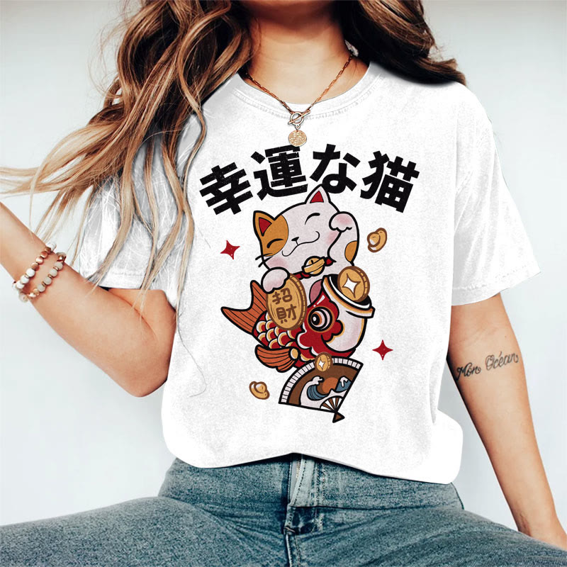 100% Cotton Women's Japanese Lucky Cat Art Print Casual T-shirt - White - 2XL - image 2