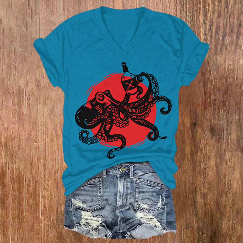 Japanese Funny Octopus Holding Wine Bottle Art Print T-shirt - Sky Blue - US32-34(5XL) - image 3