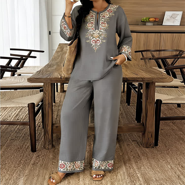 Boho Ethnic Floral Patterns Print Notched Collar Long-sleeve Blouse & Wide-legs Pants Set - Grey - 5XL - image 7