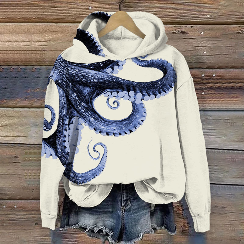 Japanese Octopus Art Print Long Sleeve Hoodie - Apricot - 8XL - image 1