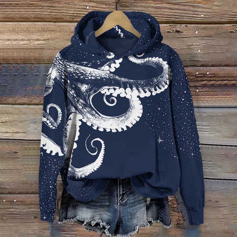 Octopus Art Print Long Sleeve Hoodie - Blue - 8XL - image 1