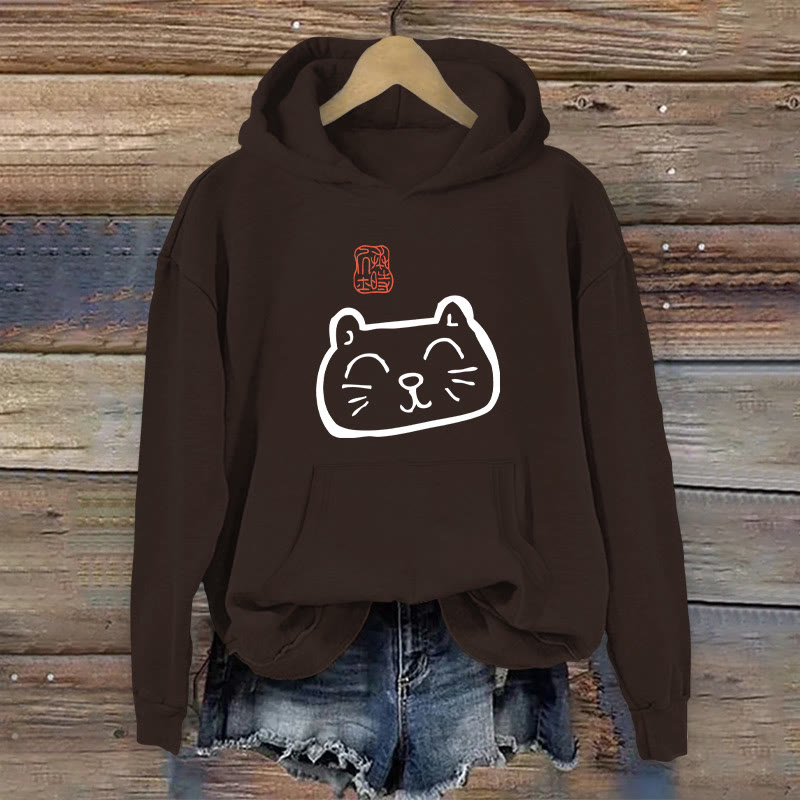 100% Cotton Japanese Cat Print Women's Hoodie - Coffee - 2XL - image 4