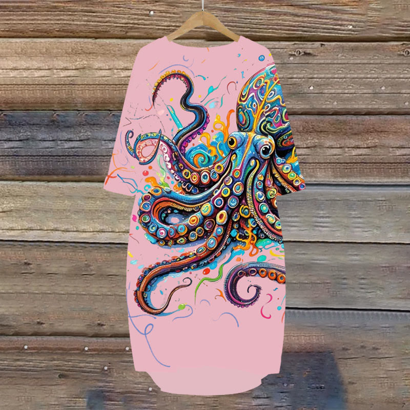 Vintage Rainbow Octopus Art Print Crew Neck Dress - Pink - 8XL - image 6