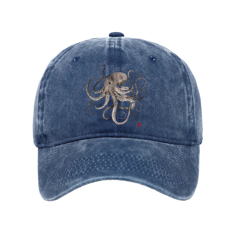 Unisex 100% Cotton Octopus Japanese Calligraphy Vintage Print Cap - Blue - one size - image 5