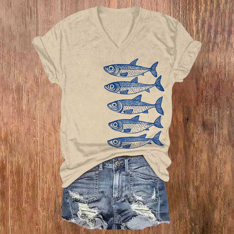 Japanese Fish Art Pattern T-shirt - Apricot - 5XL - image 1