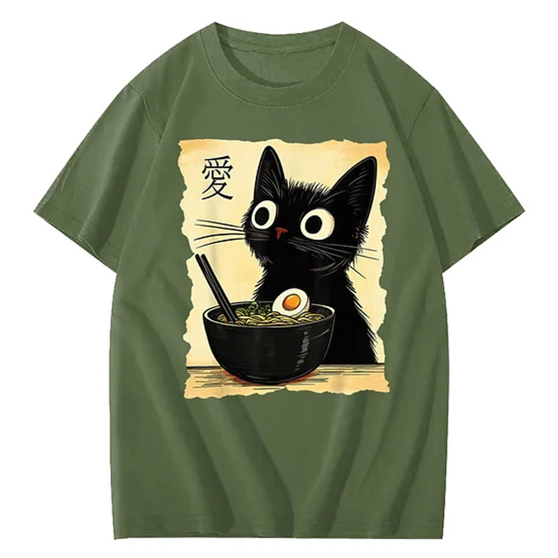 Unisex Funny Cat Eating Ramen Print Short Sleeved Crew Neck T-Shirt - Green - 2XL - image 6