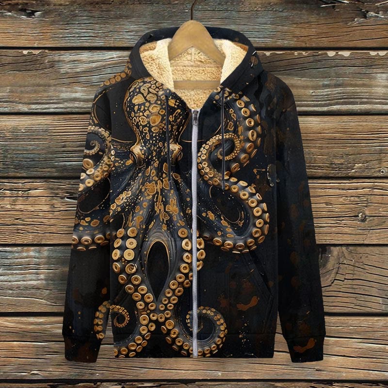 Vintage Octopus Art Print Fleece Jacket - Golden - 4XL - image 2