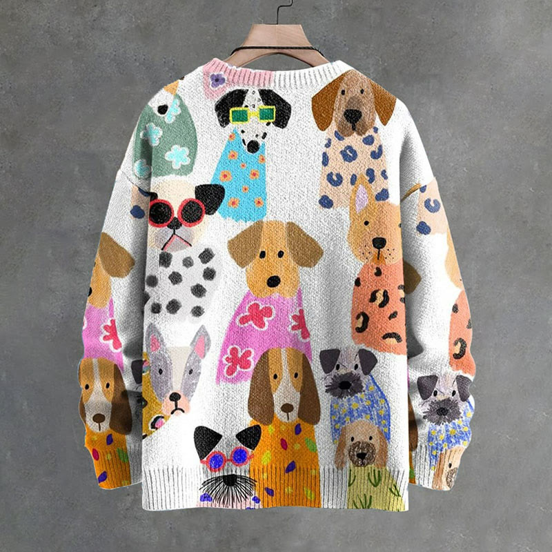 Colorful Fun Cartoon Puppy Print Causal V-neck Pullover Unisex Sweater - image 5