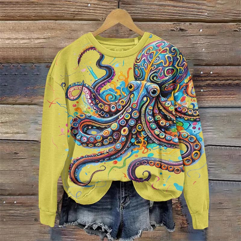 Vintage Rainbow Octopus Art Print Sweatshirt - Yellow - 5XL - image 5