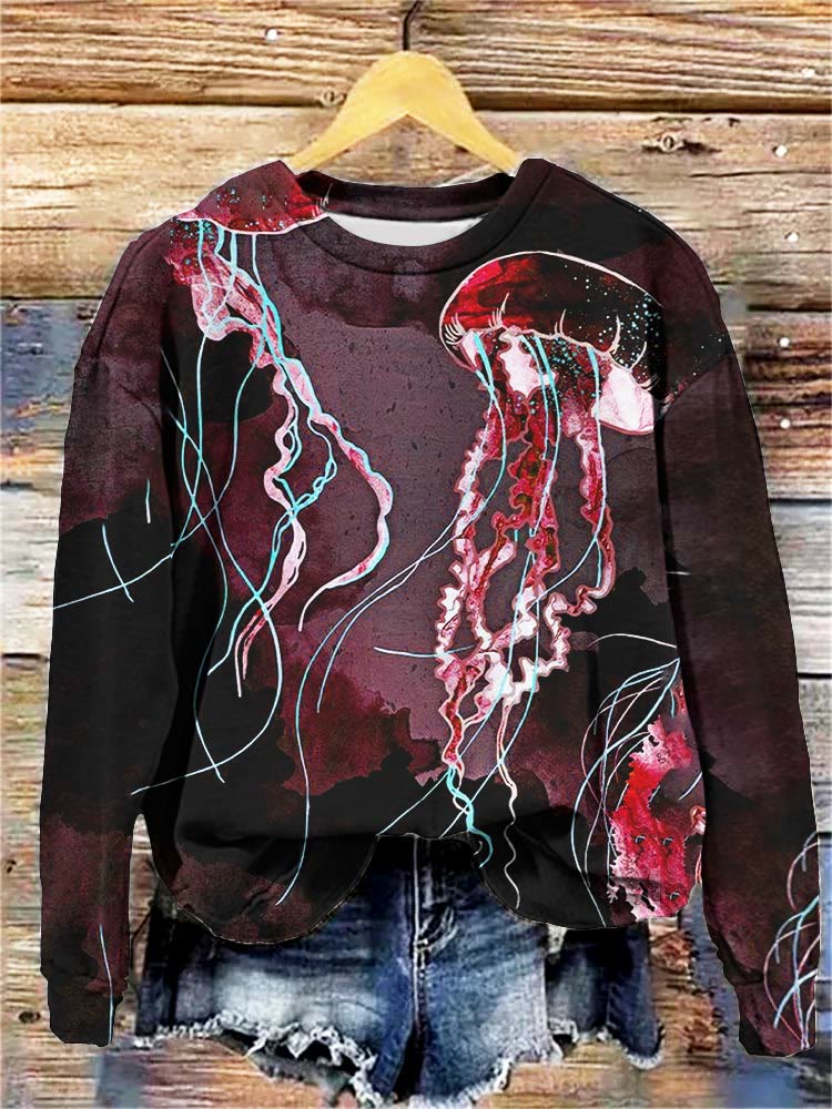 Metallic Ocean Jellyfish Art Print Crew Neck Sweatshirt