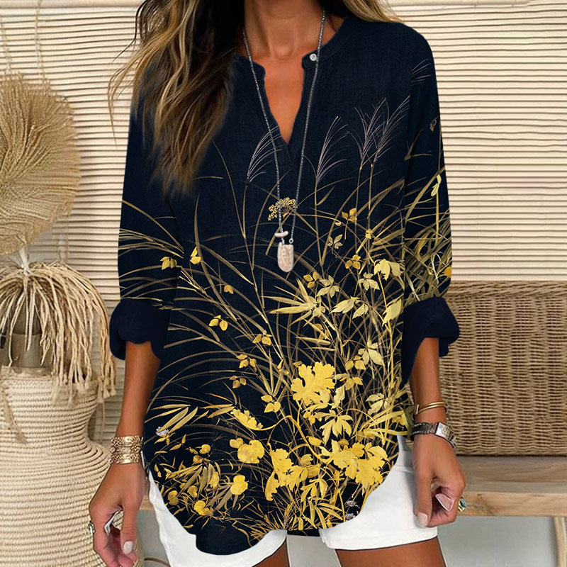 Unique Golden Floral Art Print V Neck Long Sleeve Blouse - Black - 8XL - image 1