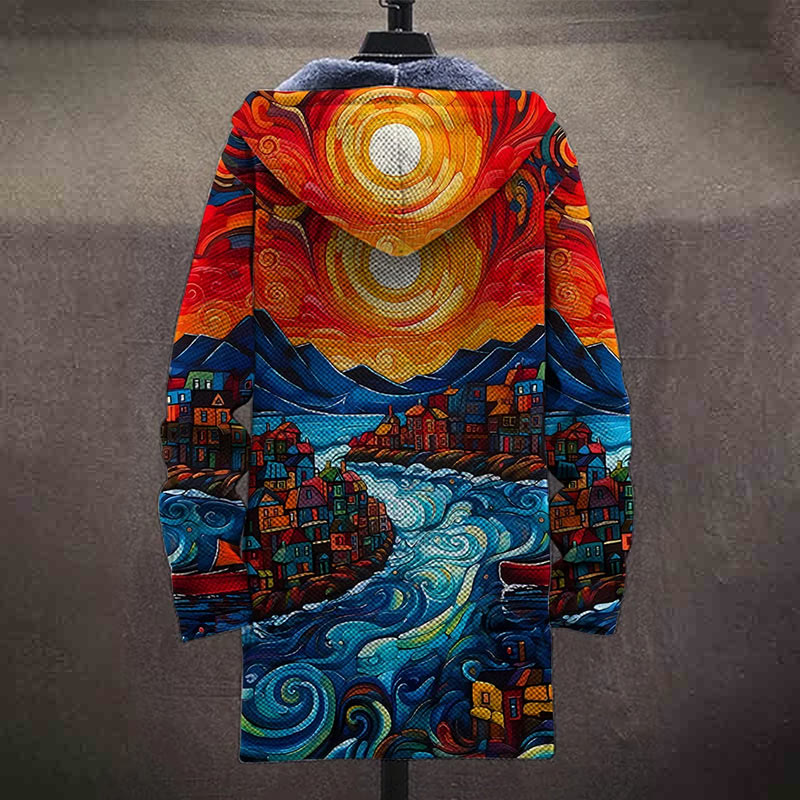 Oil Painting Style Seaside Town Print Unisex Plush Thick Long-sleeved Fleece Jacket Coat - image 4