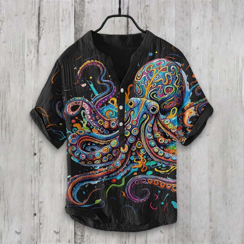 Vintage Rainbow Octopus Art Print Shirt - Black - 5XL - image 2