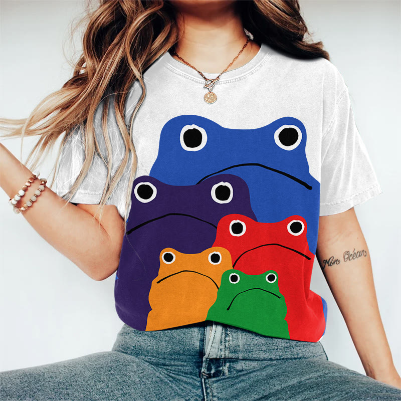 Cascading Rainbow Japanese Frog Print Casaul T-shirt - White - US44-46(8XL) - image 2